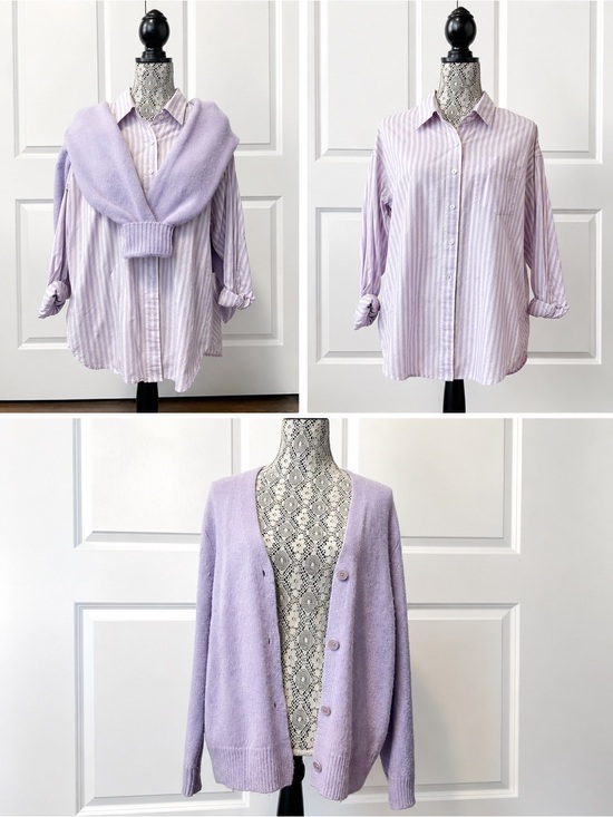 Aritzia Tops - Aritzia Lavender Striped Button-Up Blouse with Matching Lilac Cardigan